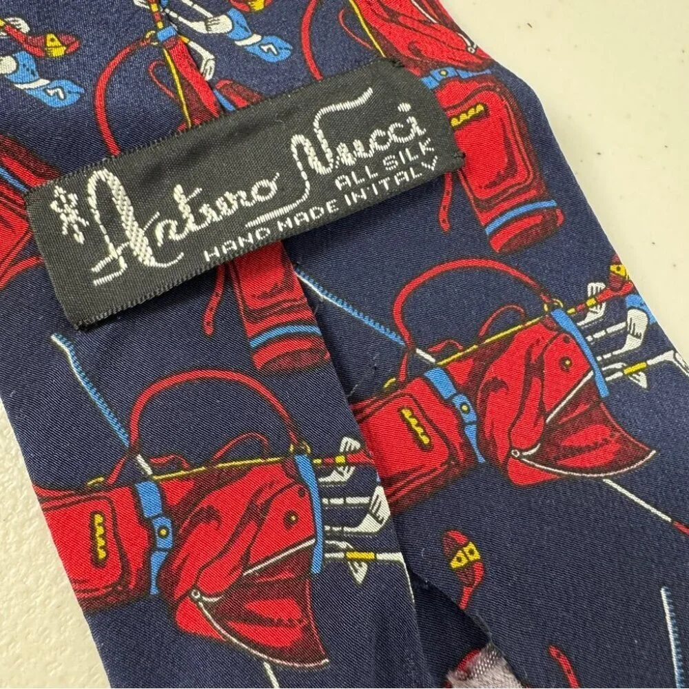 Arturo Nucci Silk Golf Novelty Tie Navy Red Golf Bag Print Necktie Funky Style